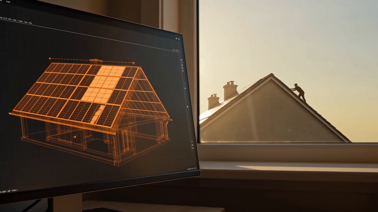 Bildschirm mit dem 3D-Modell eines Hauses, dessen Dach sich Modul für Modul füllt; durch das Fenster dahinter läuft ein Dachdecker über ein echtes Dach