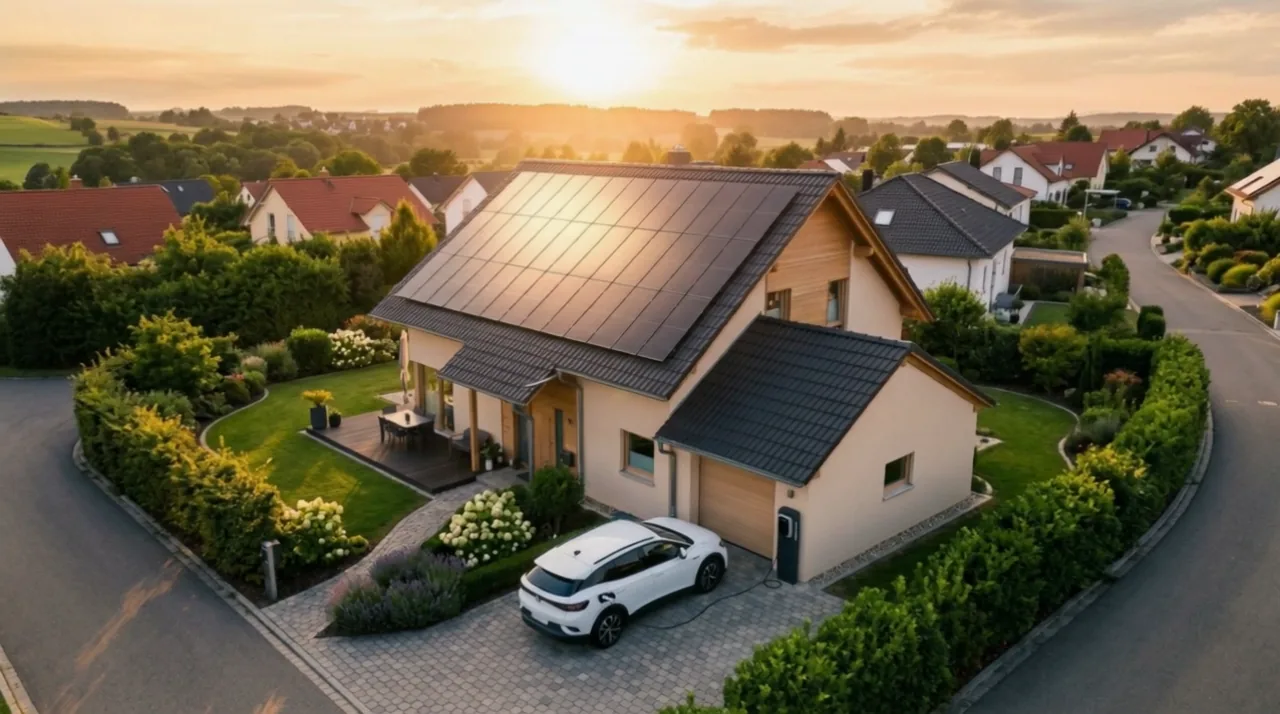 Wohnstraße aus der Luft im Abendlicht, auf mehreren Dächern der Nachbarschaft liegen Solarmodule