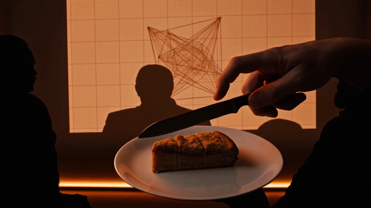 Dunkler Raum, Silhouetten vor einem leuchtenden Bildschirm, im Vordergrund schneidet eine Hand ein Stueck Streuselkuchen