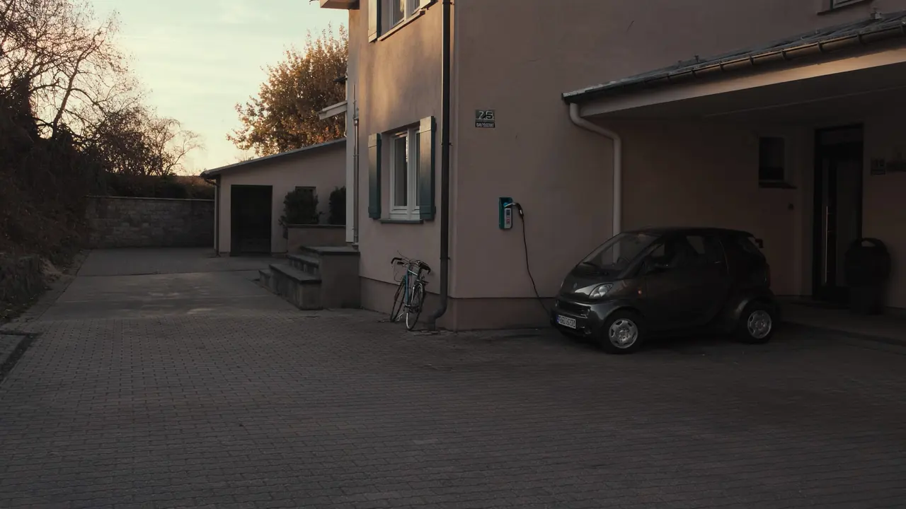 Wallbox an der Hauswand neben dem Carport, ein Elektroauto lädt daran im Abendlicht
