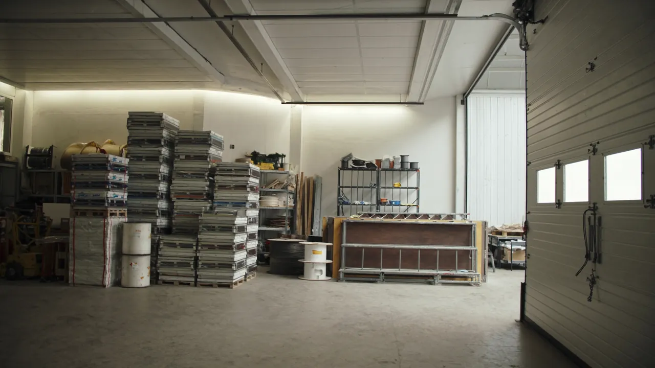 Lagerhalle mit palettierten Solarmodulen, Kabeltrommeln und Gerüstteilen, Tageslicht durch das offene Rolltor