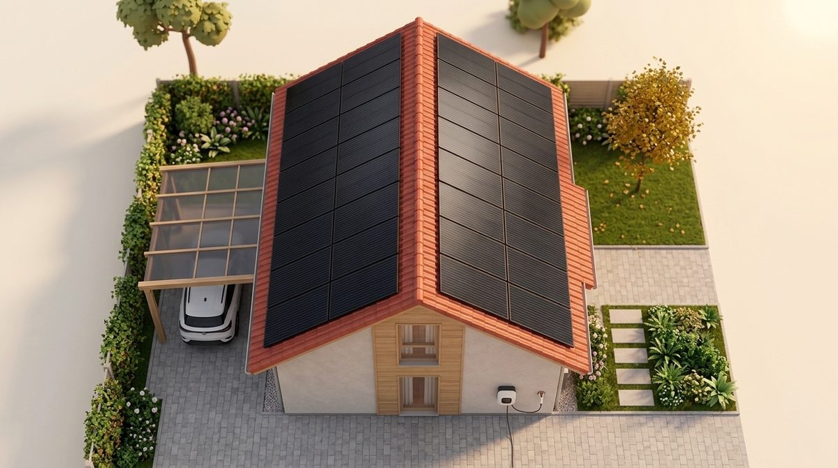 Dach eines Einfamilienhauses von oben, komplett mit Solarmodulen belegt