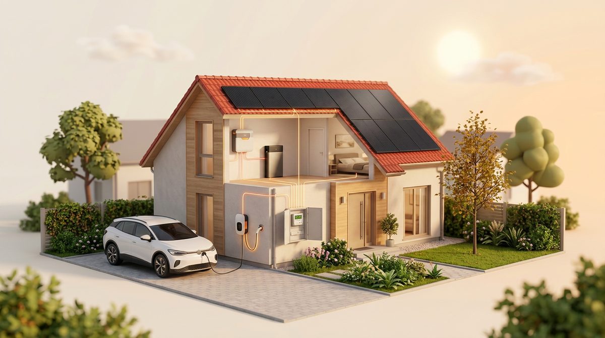 Aufgeschnittenes Einfamilienhaus mit Solarmodulen, Wechselrichter, Speicher, Zählerschrank und Wallbox