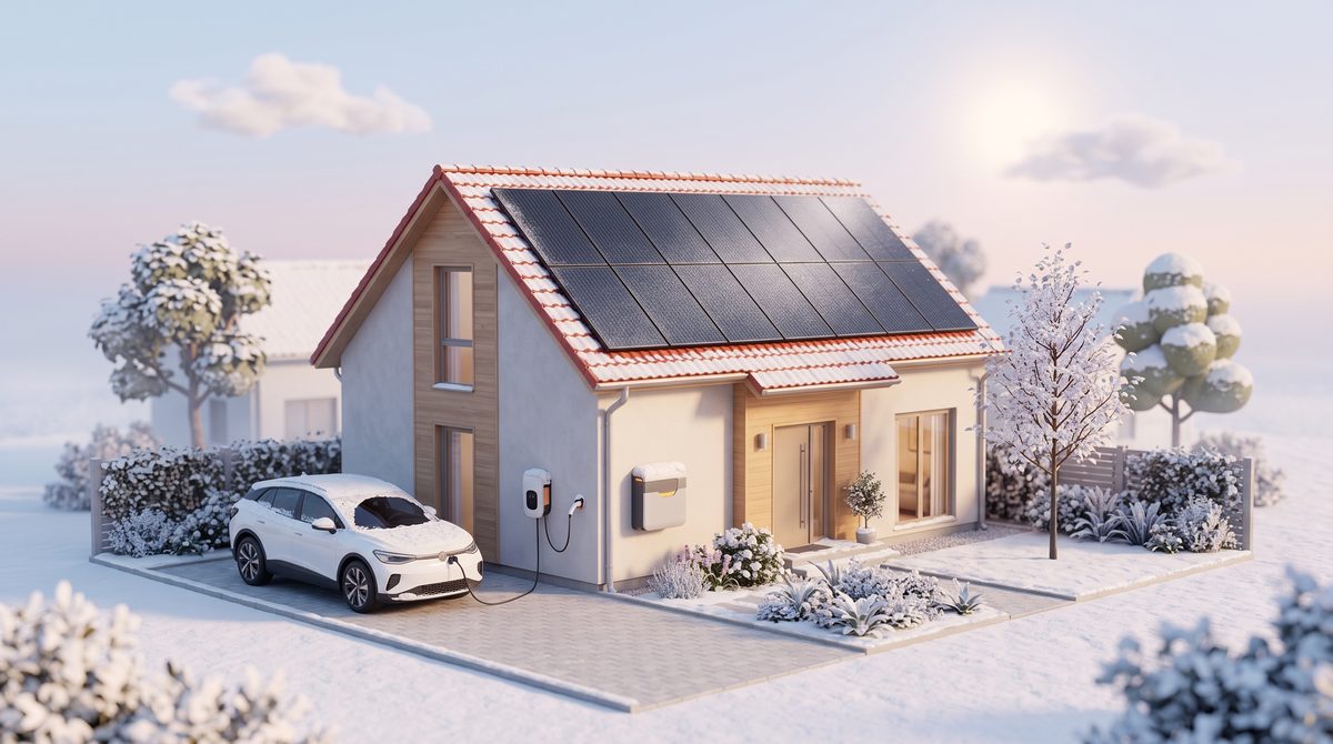 Einfamilienhaus mit Solardach im leichten Schnee unter tiefer Wintersonne
