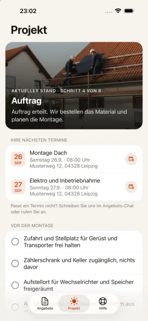 App-Ansicht Projekt: aktueller Stand Auftrag, nächste Termine Montage Dach und Elektro, Checkliste vor der Montage