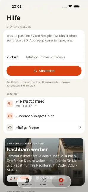 App-Ansicht Hilfe: Störung melden, Kontakt zum Kundenservice und Empfehlungsprogramm