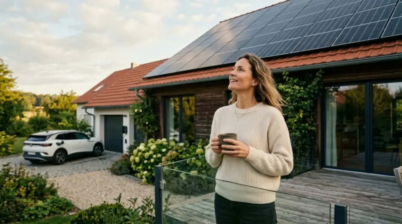 Frau auf der Terrasse ihres Hauses, darüber ein Dach voller Solarmodule