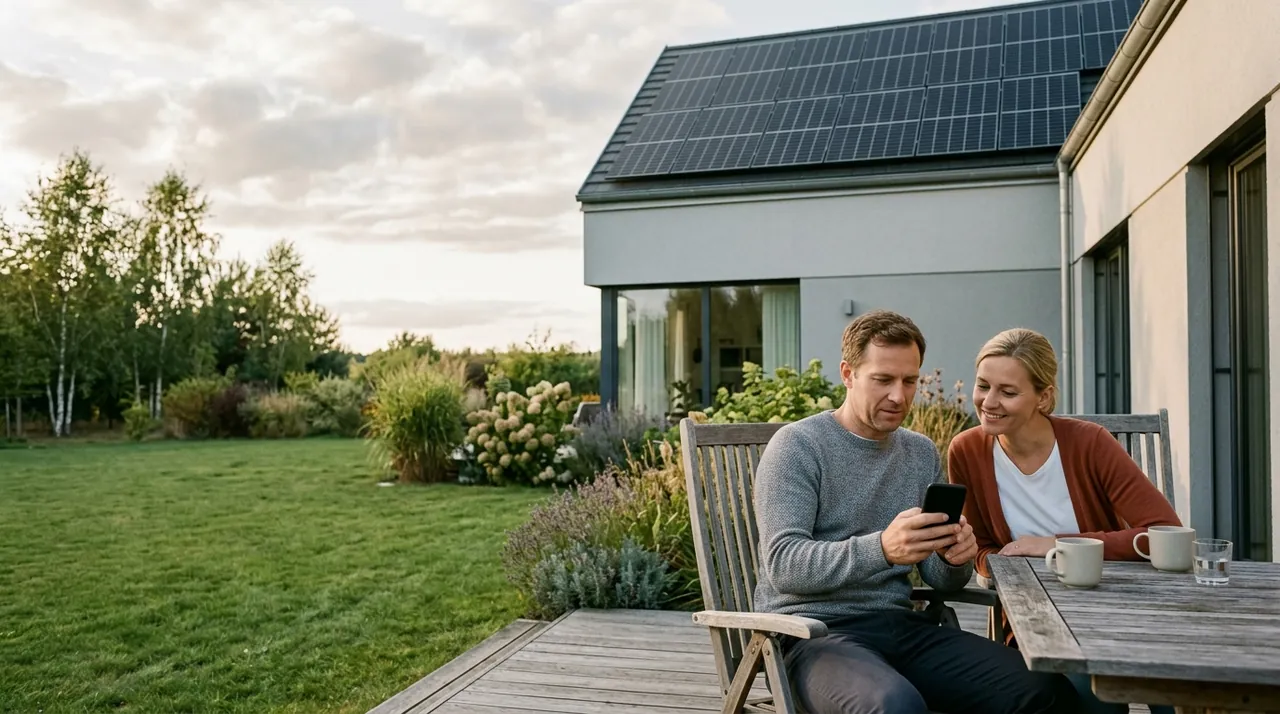 Paar auf der Terrasse schaut aufs Handy, dahinter das Haus mit Solaranlage auf dem Dach